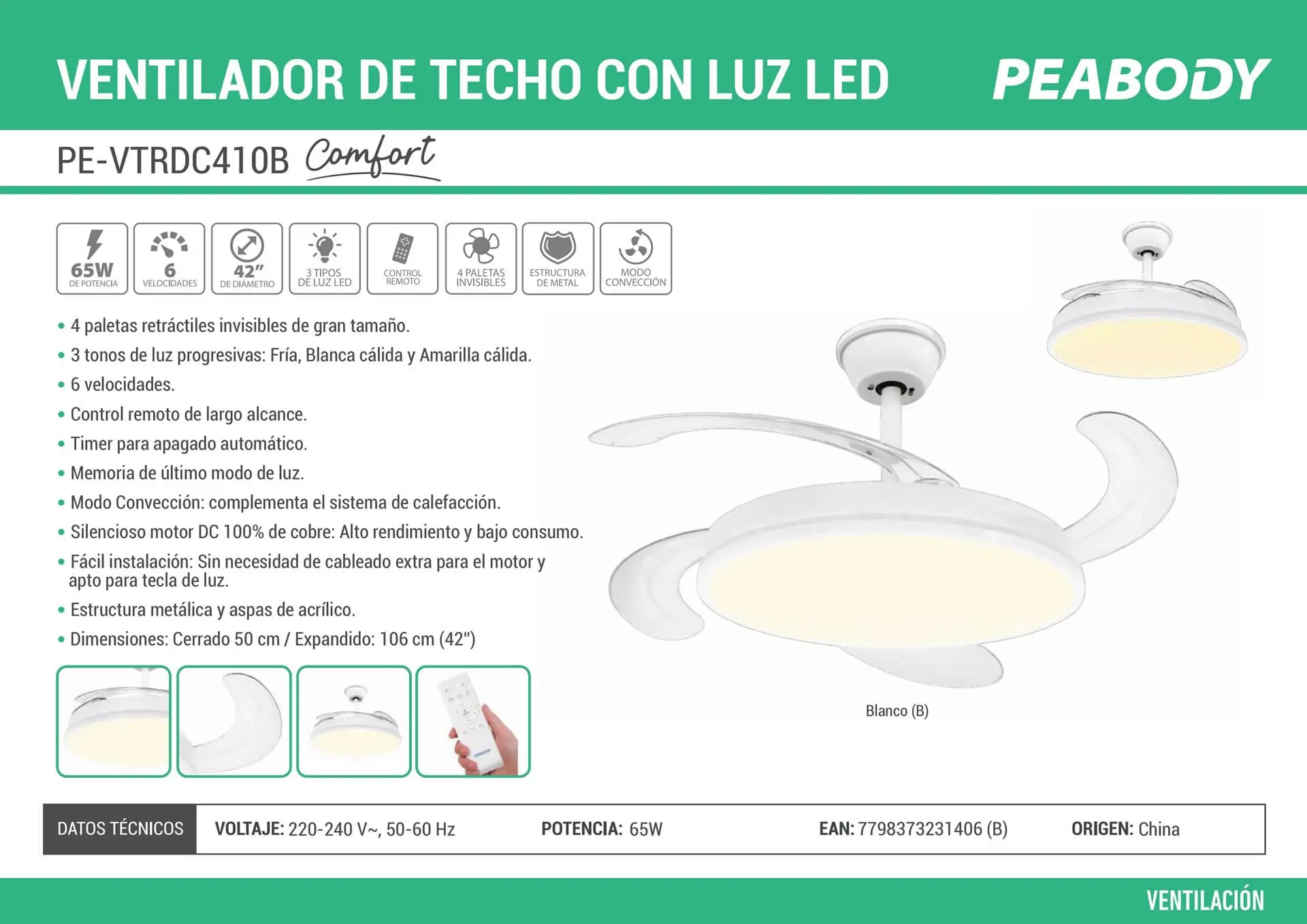 Ventilador de Techo Peabody Retráctil con Luz Led 42" Blanco