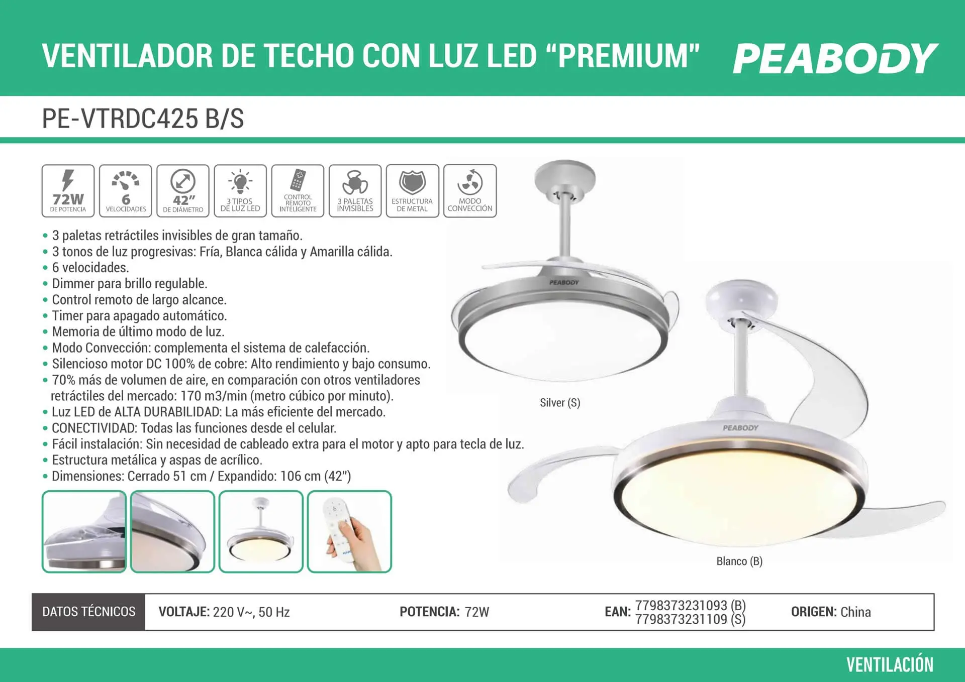 Ventilador de Techo Peabody Retráctil con Luz Led 42" 72W Plata
